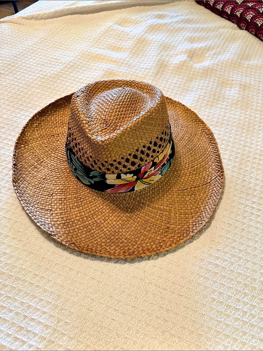 Floral Straw Fedora Hat in Brown & Black Like New